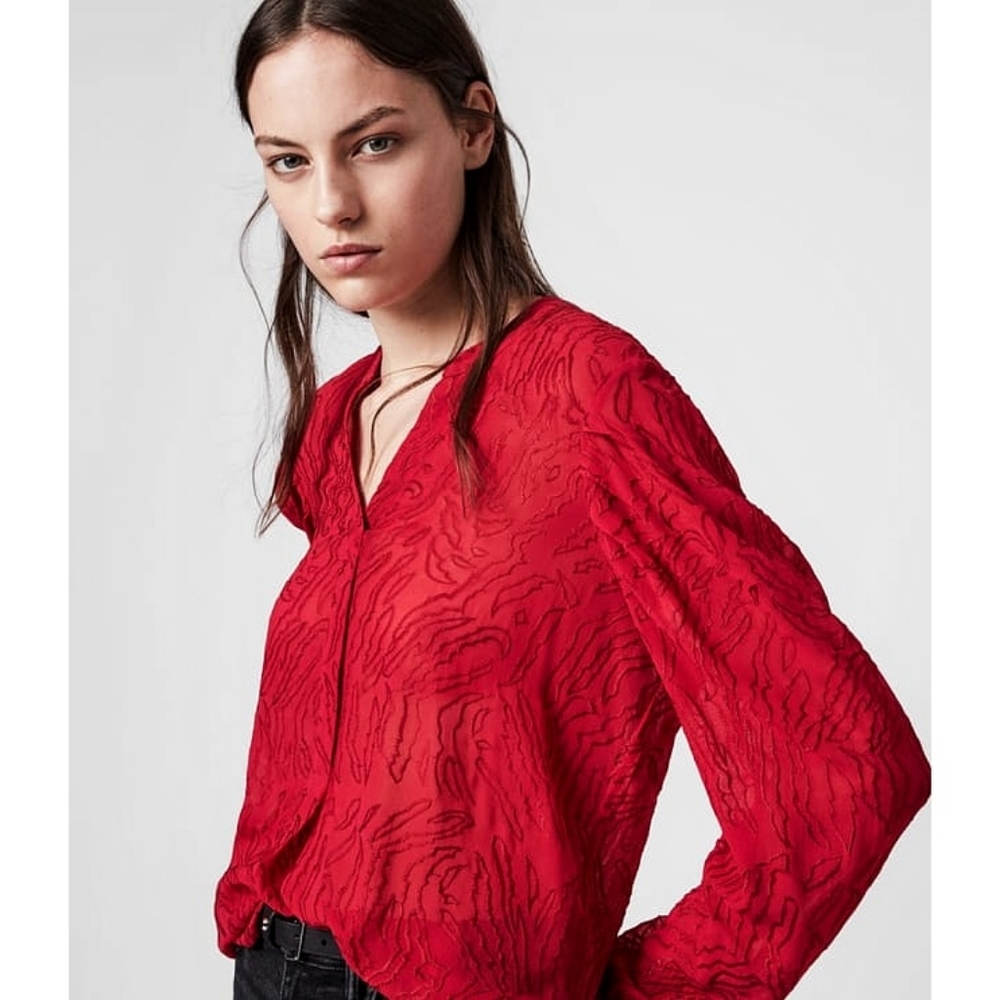 All Saints Rosie An Embroidered Puff Sleeve Red Top